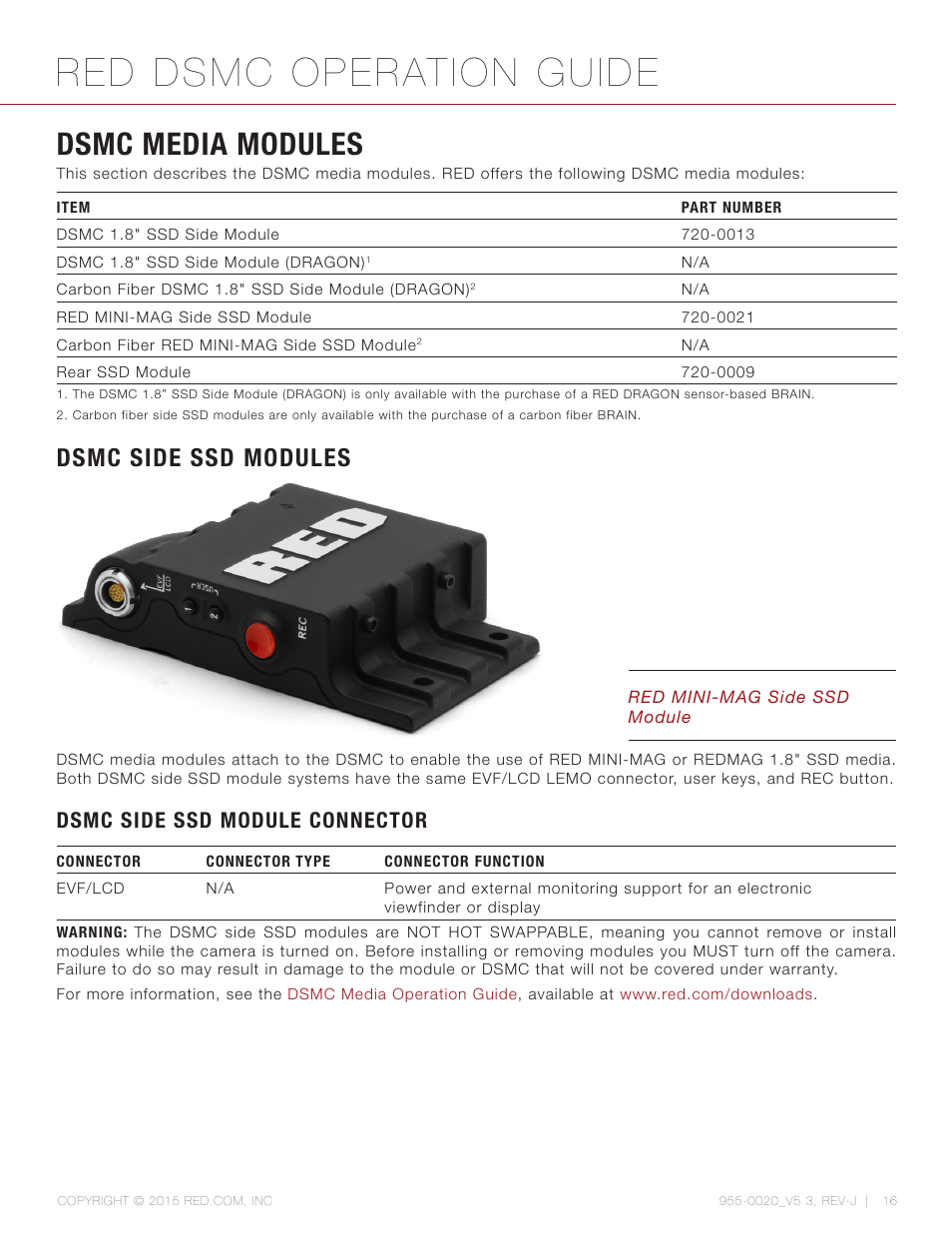 Dsmc media modules, Dsmc side ssd modules, Dsmc side ssd module connector | Red dsmc operation guide | RED DSMC User Manual | Page 16 / 210