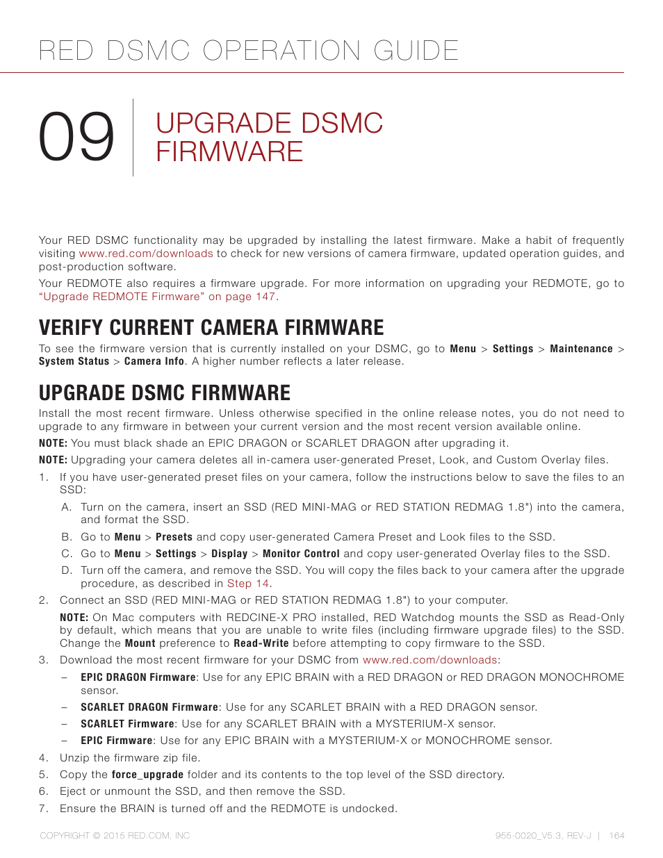 Upgrade dsmc firmware, Verify current camera firmware, Red dsmc operation guide | RED DSMC User Manual | Page 164 / 210