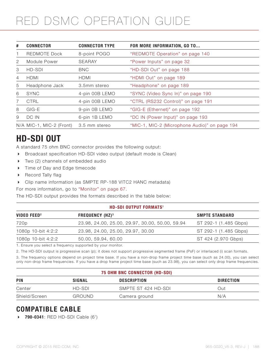 Hd-sdi out, Compatible cable, Red dsmc operation guide | RED DSMC User Manual | Page 188 / 210