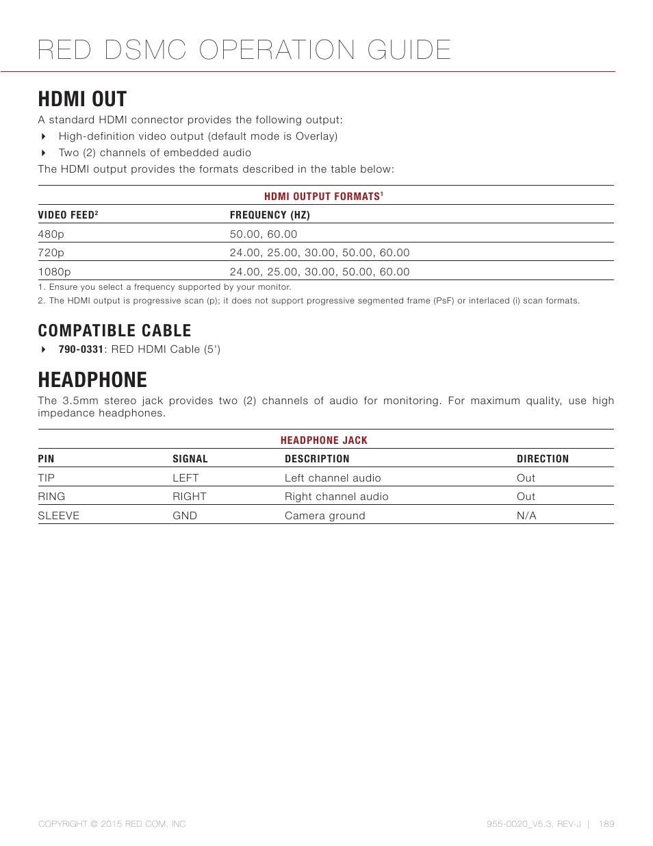 Hdmi out, Compatible cable, Headphone | Headphone 189, Red dsmc operation guide | RED DSMC User Manual | Page 189 / 210