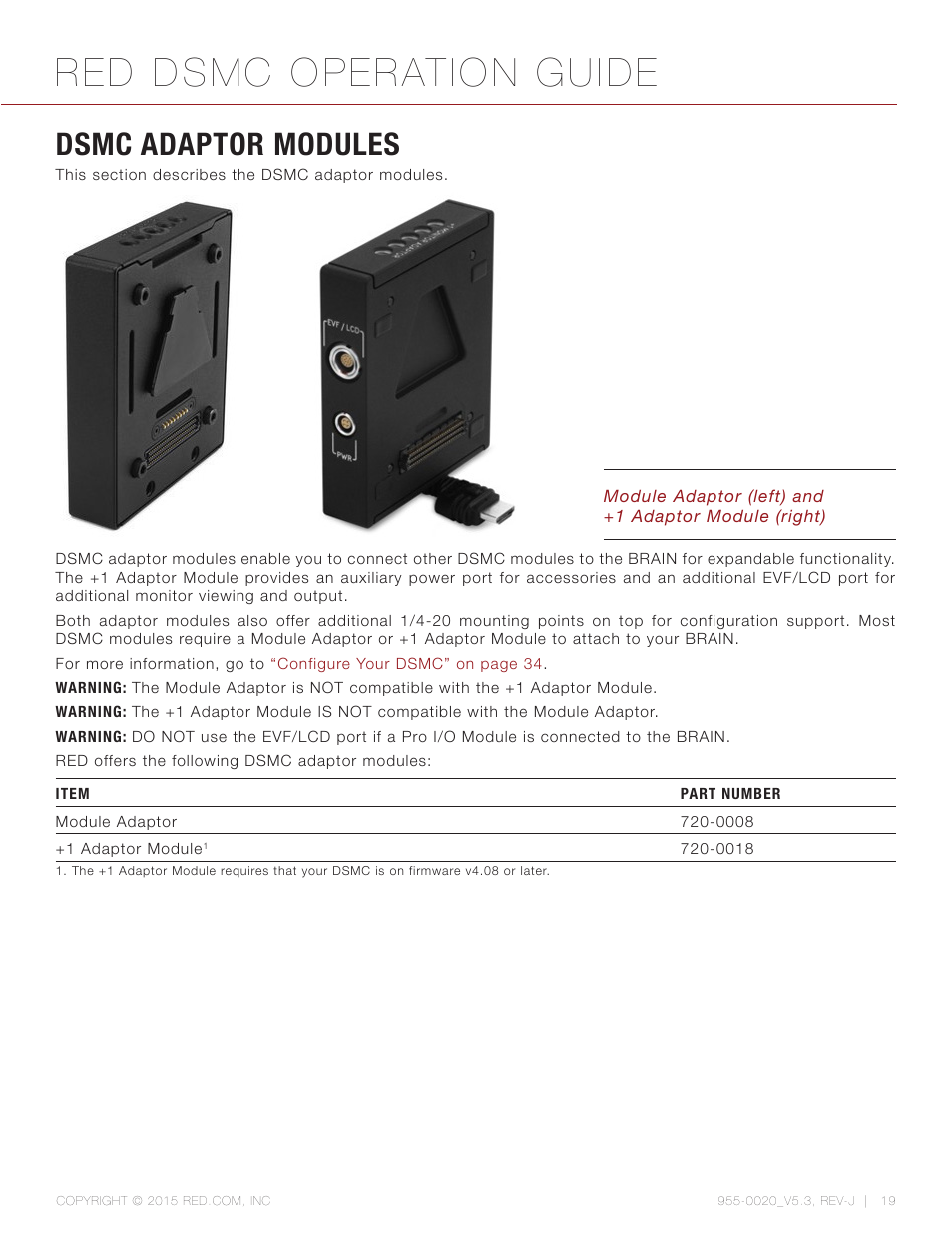 Dsmc adaptor modules, Red dsmc operation guide | RED DSMC User Manual | Page 19 / 210