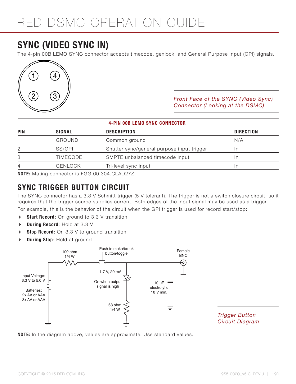 Sync (video sync in), Sync trigger button circuit, Red dsmc operation guide | RED DSMC User Manual | Page 190 / 210