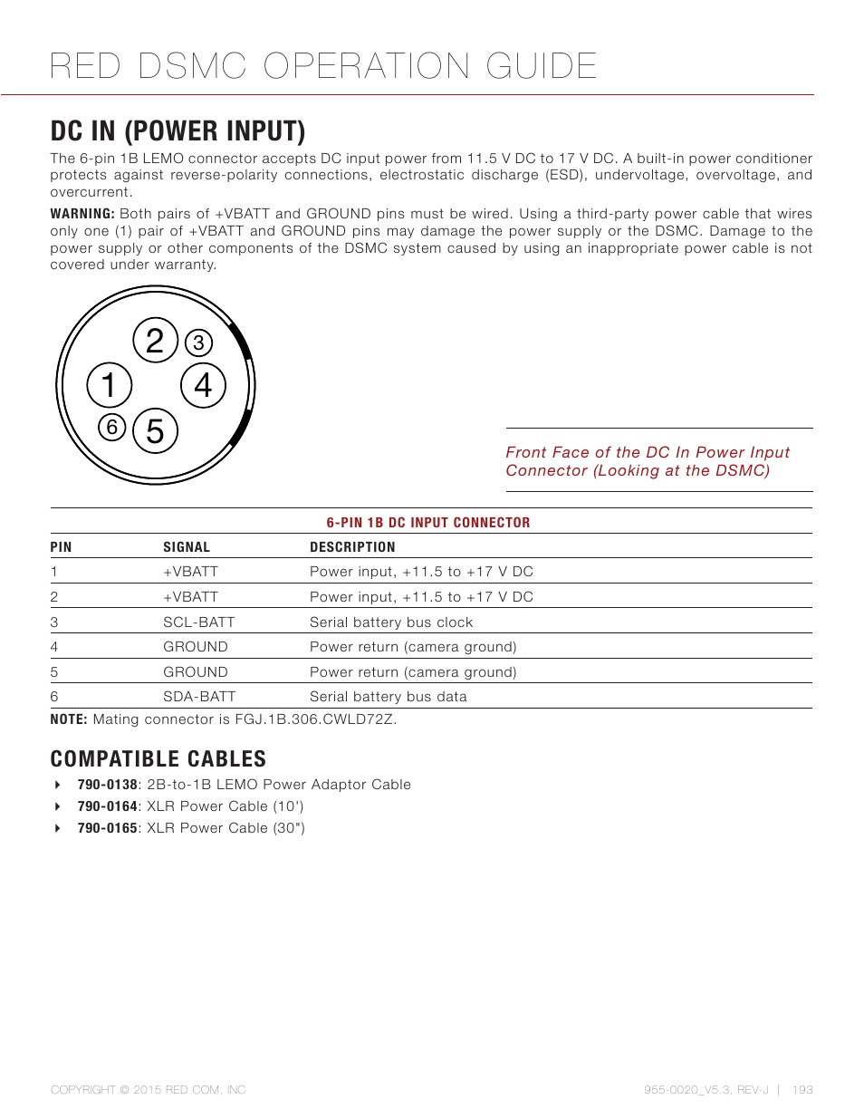 Dc in (power input), Compatible cables, Red dsmc operation guide | RED DSMC User Manual | Page 193 / 210