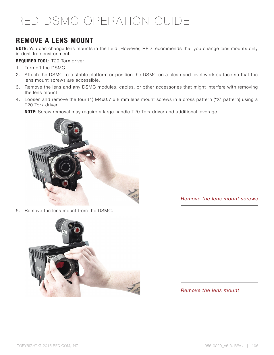 Remove a lens mount, Red dsmc operation guide | RED DSMC User Manual | Page 196 / 210