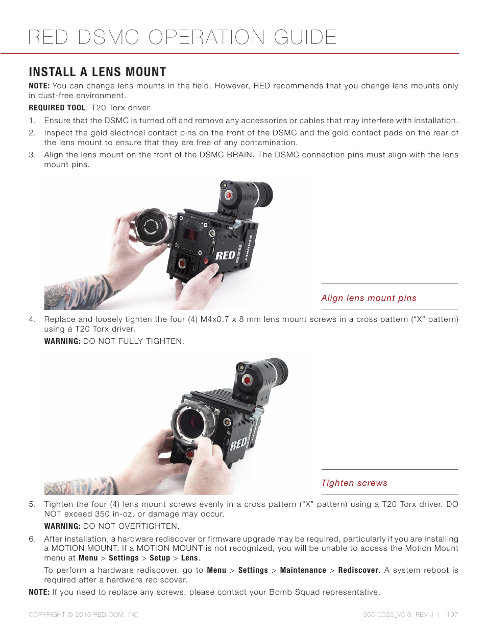 Install a lens mount, Red dsmc operation guide | RED DSMC User Manual | Page 197 / 210