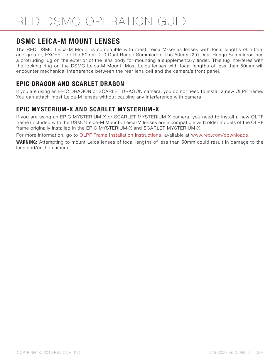 Dsmc leica-m mount lenses, Epic dragon and scarlet dragon, Epic mysterium-x and scarlet mysterium-x | Red dsmc operation guide | RED DSMC User Manual | Page 204 / 210