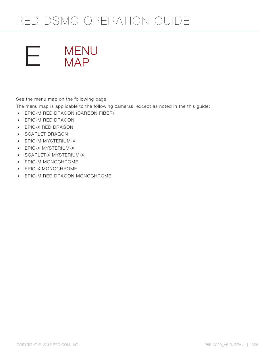 Menu map, Red dsmc operation guide | RED DSMC User Manual | Page 208 / 210