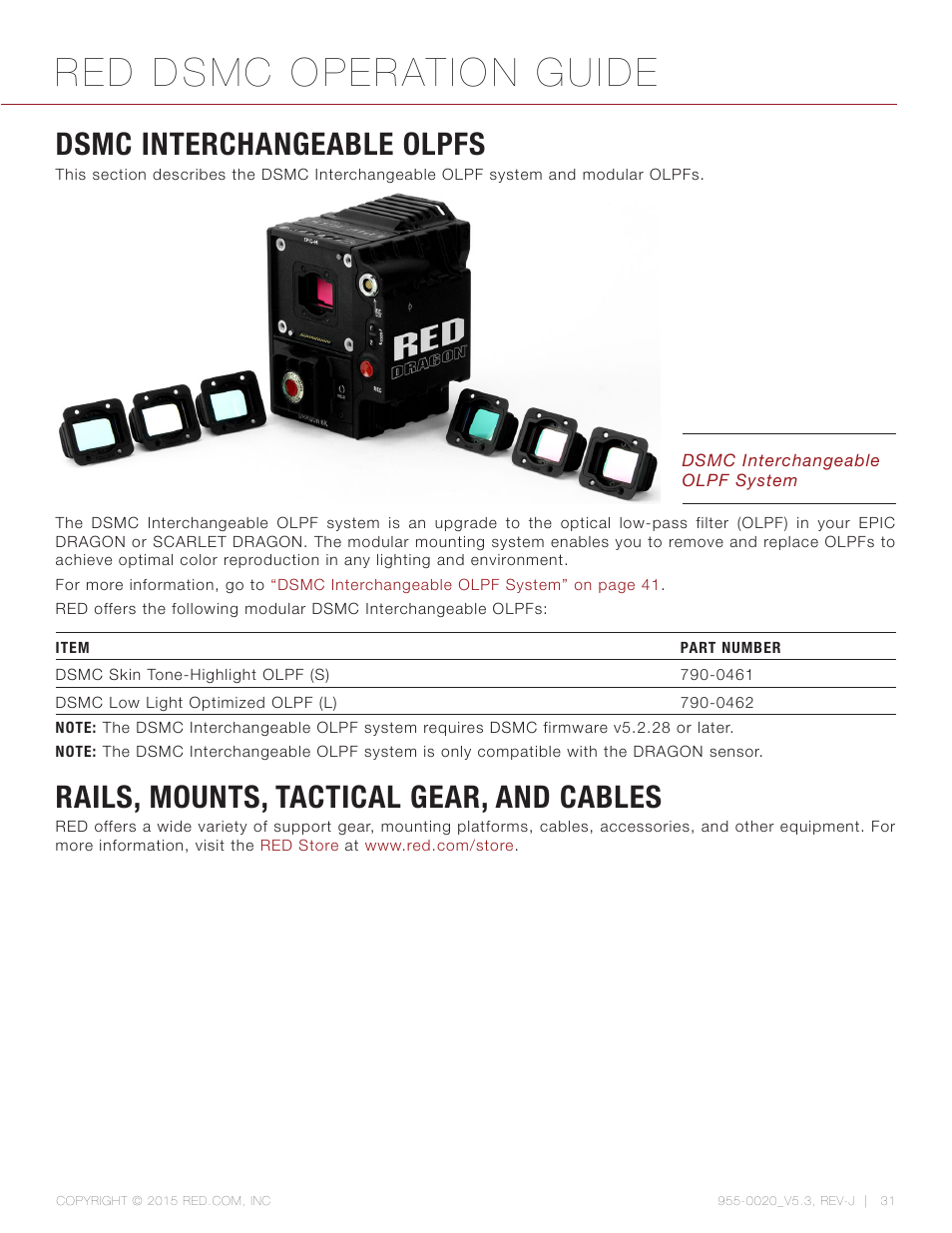 Dsmc interchangeable olpfs, Rails, mounts, tactical gear, and cables, Red dsmc operation guide | RED DSMC User Manual | Page 31 / 210