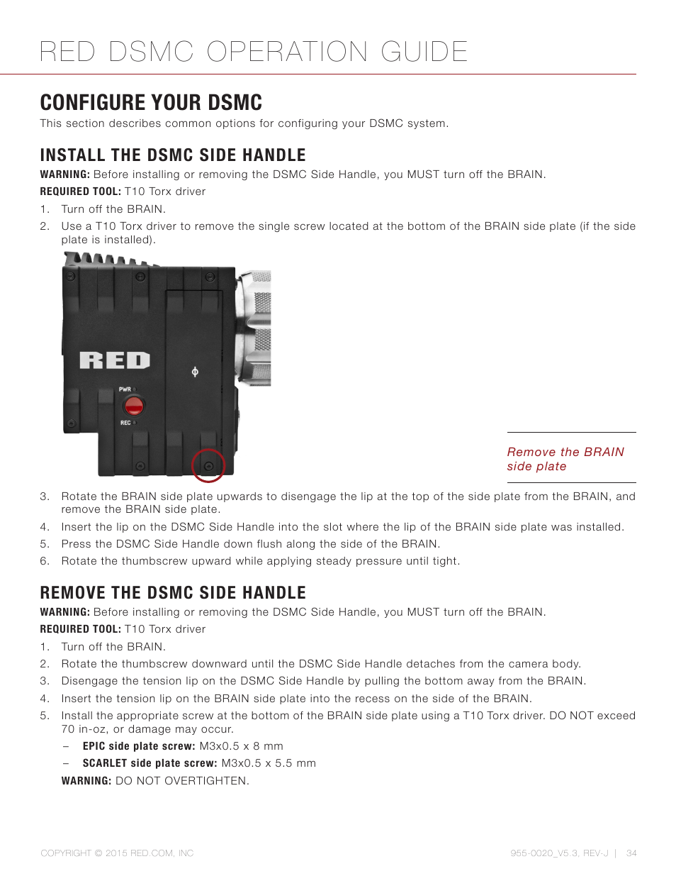 Configure your dsmc, Install the dsmc side handle, Remove the dsmc side handle | Red dsmc operation guide | RED DSMC User Manual | Page 34 / 210