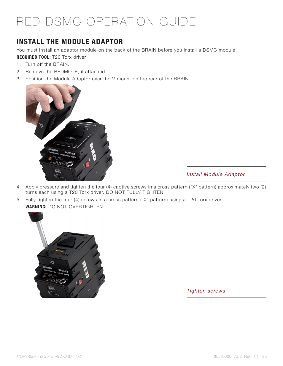 Install the module adaptor, Red dsmc operation guide | RED DSMC User Manual | Page 36 / 210