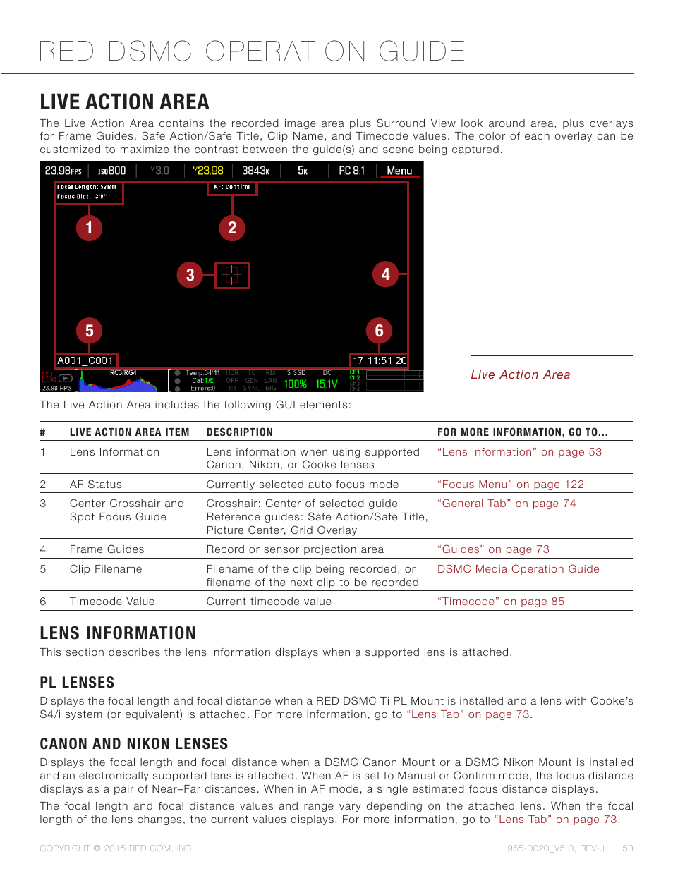 Live action area, Lens information, Pl lenses | Canon and nikon lenses, Red dsmc operation guide | RED DSMC User Manual | Page 53 / 210