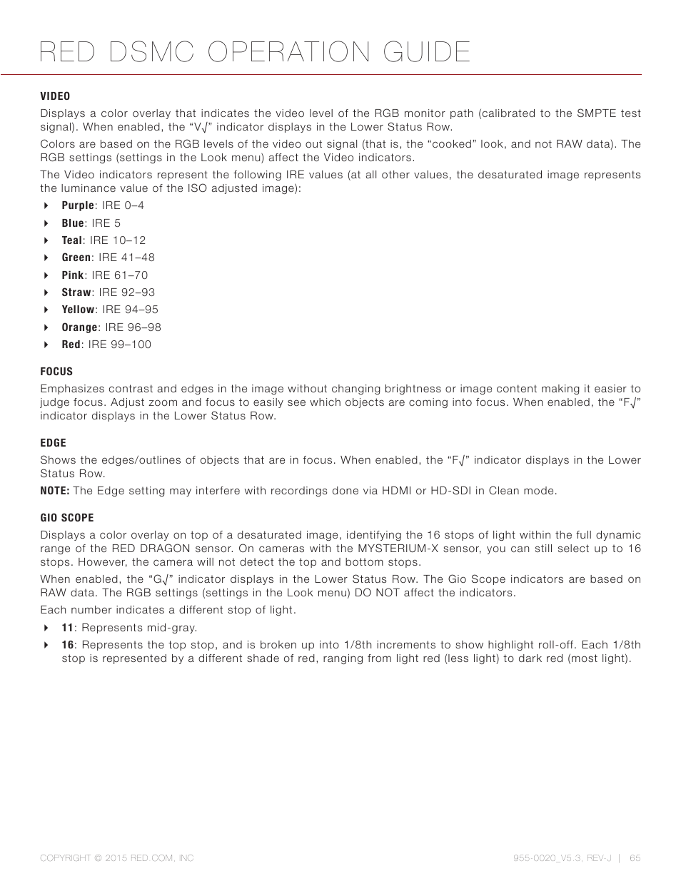 Video, Focus, Edge | Gio scope, Red dsmc operation guide | RED DSMC User Manual | Page 65 / 210