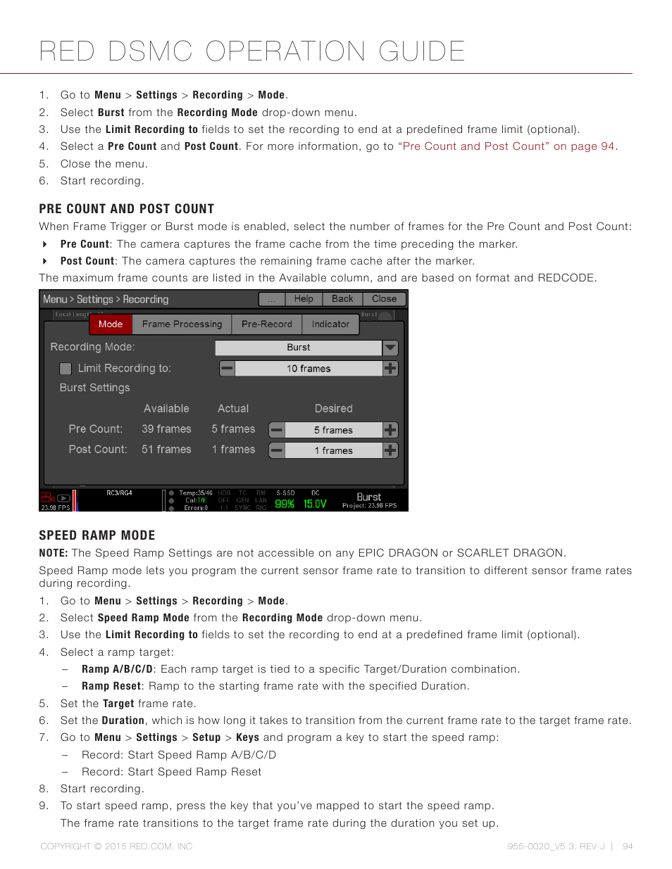 Pre count and post count, Speed ramp mode, Red dsmc operation guide | RED DSMC User Manual | Page 94 / 210