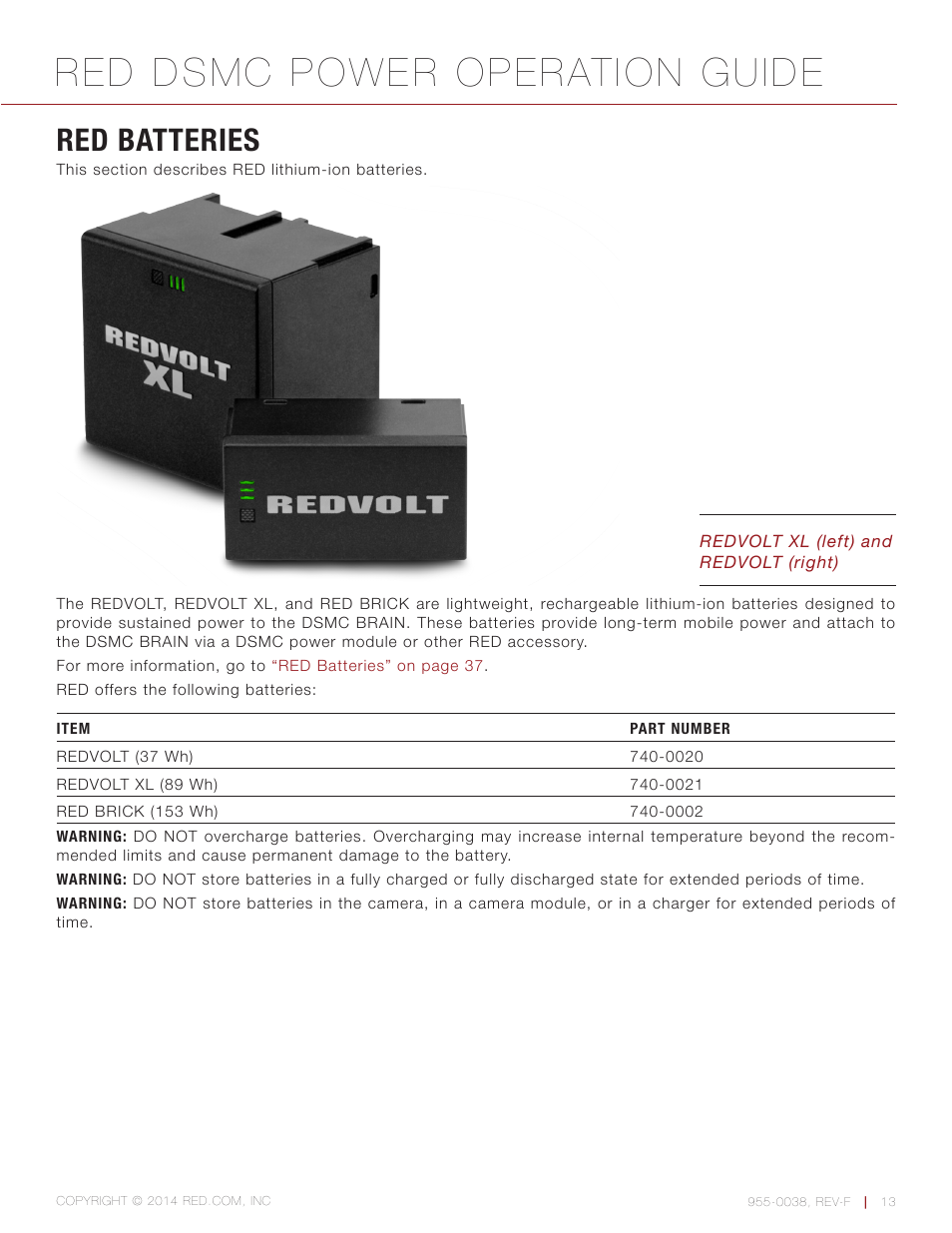 Red batteries, Red dsmc power operation guide | RED DSMC POWER User Manual | Page 13 / 62