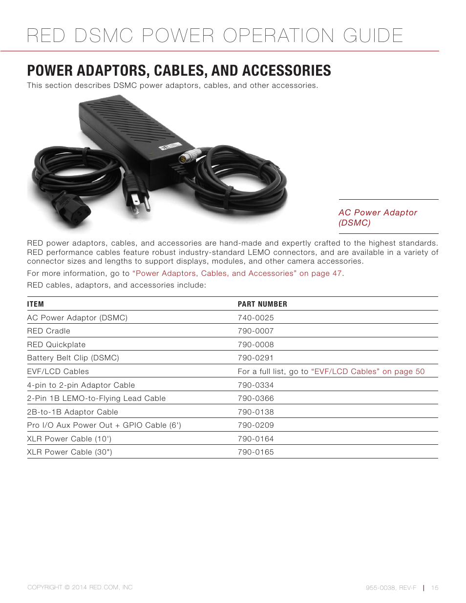 Power adaptors, cables, and accessories, Red dsmc power operation guide | RED DSMC POWER User Manual | Page 15 / 62