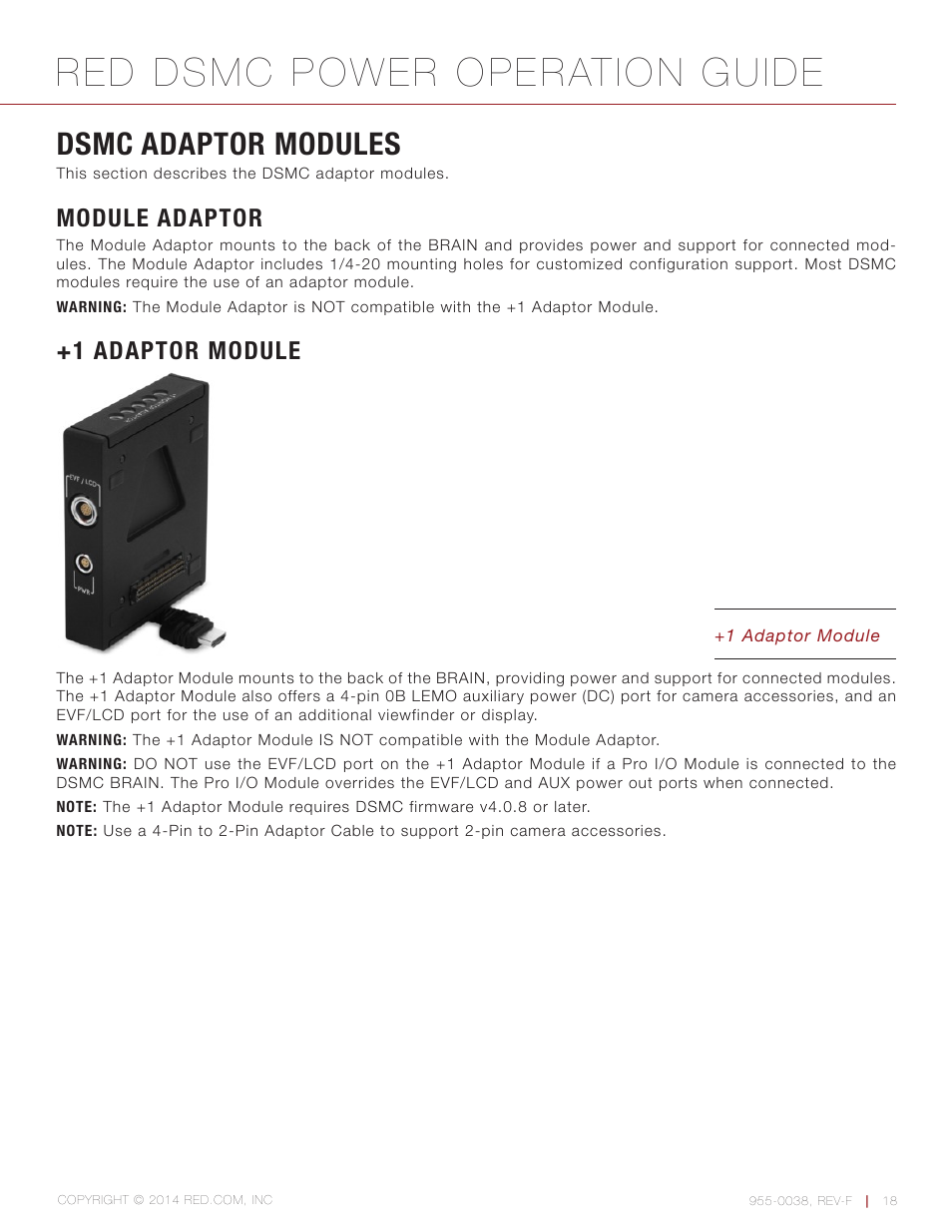 Dsmc adaptor modules, Module adaptor, 1 adaptor module | Red dsmc power operation guide | RED DSMC POWER User Manual | Page 18 / 62