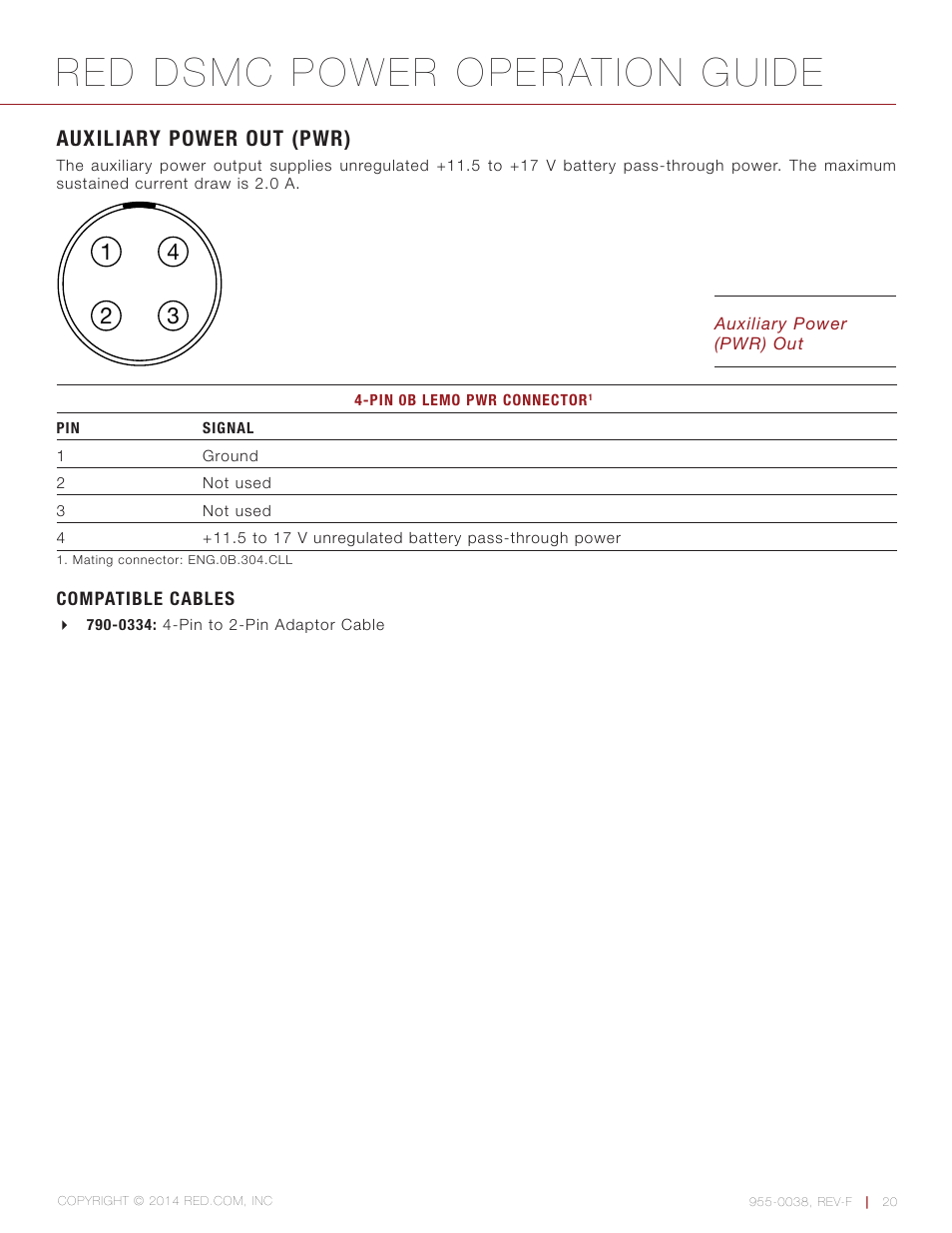 Auxiliary power out (pwr), Compatible cables, Red dsmc power operation guide | RED DSMC POWER User Manual | Page 20 / 62