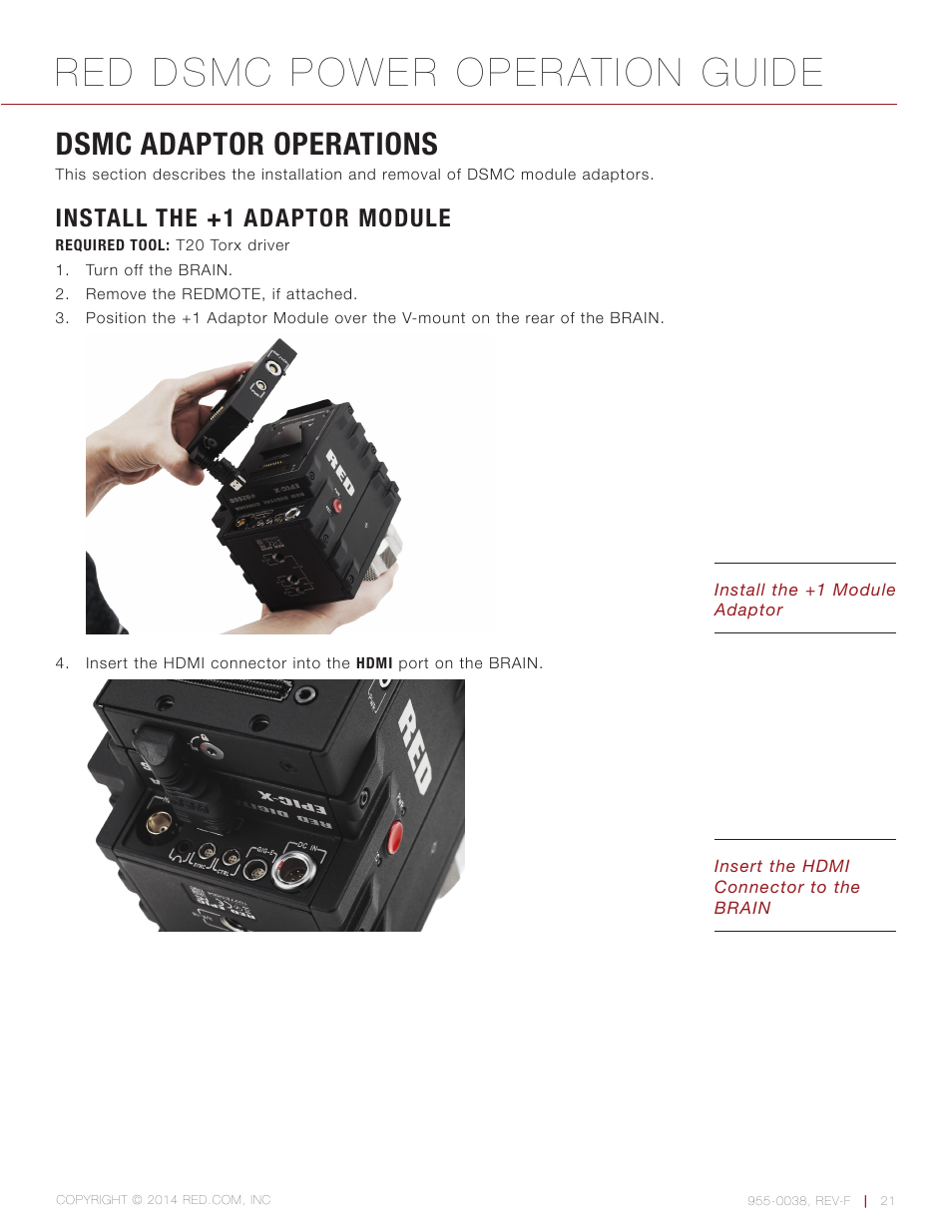 Dsmc adaptor operations, Install the +1 adaptor module, Red dsmc power operation guide | RED DSMC POWER User Manual | Page 21 / 62