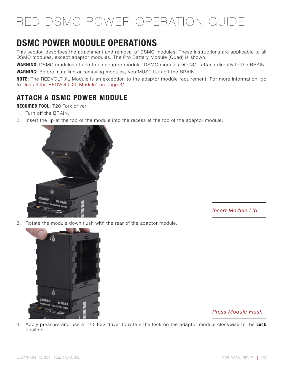Dsmc power module operations, Attach a dsmc power module, Red dsmc power operation guide | RED DSMC POWER User Manual | Page 23 / 62
