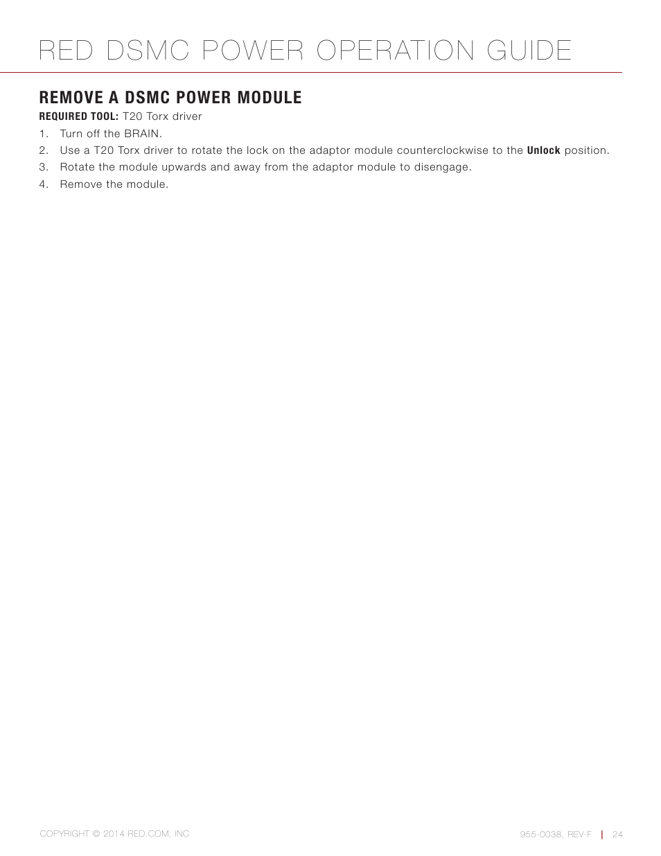 Remove a dsmc power module, Red dsmc power operation guide | RED DSMC POWER User Manual | Page 24 / 62