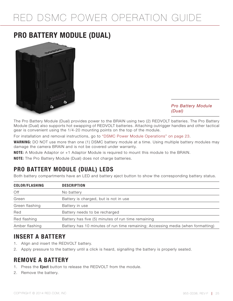 Pro battery module (dual), Pro battery module (dual) leds, Insert a battery | Remove a battery, Red dsmc power operation guide | RED DSMC POWER User Manual | Page 25 / 62