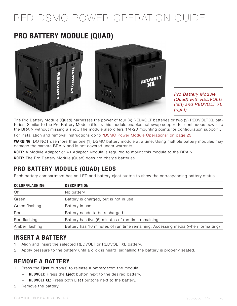 Pro battery module (quad), Pro battery module (quad) leds, Insert a battery | Remove a battery, Red dsmc power operation guide | RED DSMC POWER User Manual | Page 26 / 62