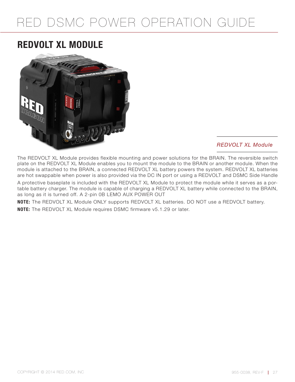 Redvolt xl module, Red dsmc power operation guide | RED DSMC POWER User Manual | Page 27 / 62