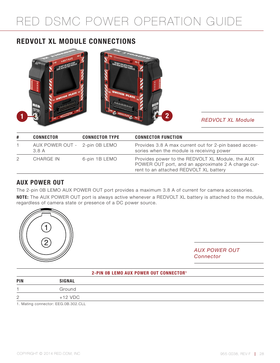 Redvolt xl module connections, Aux power out, Red dsmc power operation guide | RED DSMC POWER User Manual | Page 28 / 62
