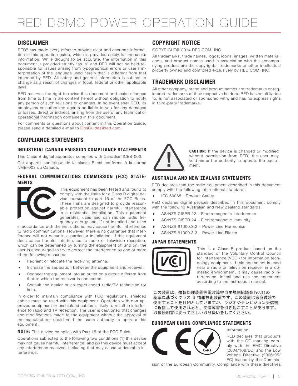 Disclaimer, Copyright notice, Trademark disclaimer | Compliance statements, Disclaimer 3, Red dsmc power operation guide | RED DSMC POWER User Manual | Page 3 / 62