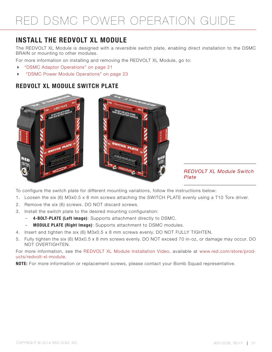 Install the redvolt xl module, Redvolt xl module switch plate, Red dsmc power operation guide | RED DSMC POWER User Manual | Page 31 / 62