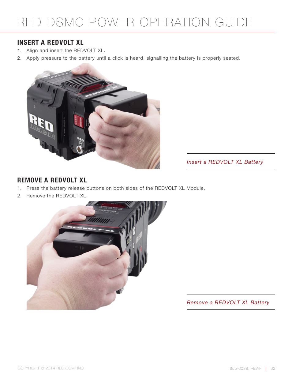 Insert a redvolt xl, Remove a redvolt xl, Red dsmc power operation guide | RED DSMC POWER User Manual | Page 32 / 62