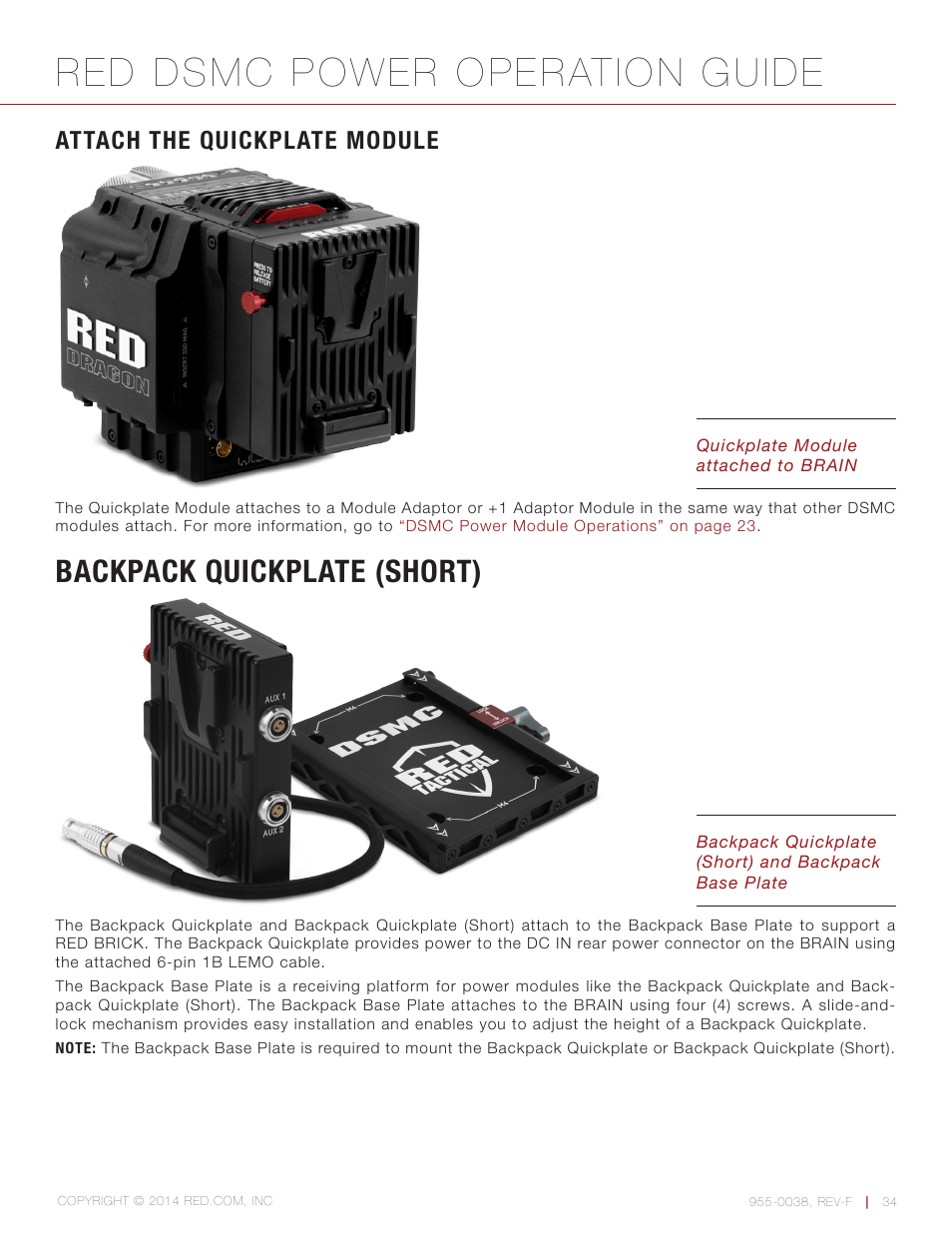 Attach the quickplate module, Backpack quickplate (short), Red dsmc power operation guide | RED DSMC POWER User Manual | Page 34 / 62