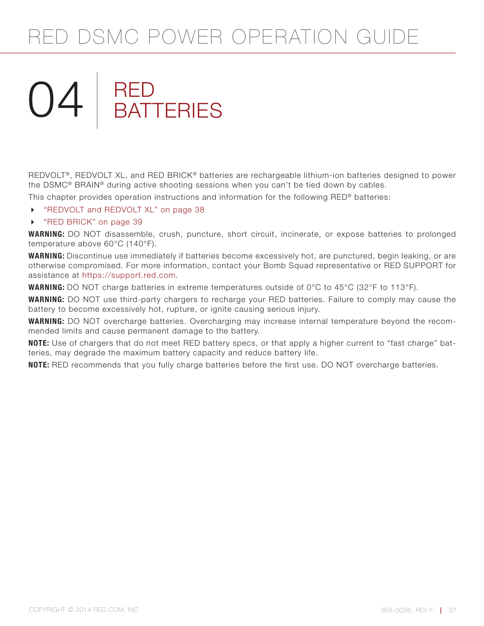 Red batteries, Red dsmc power operation guide | RED DSMC POWER User Manual | Page 37 / 62