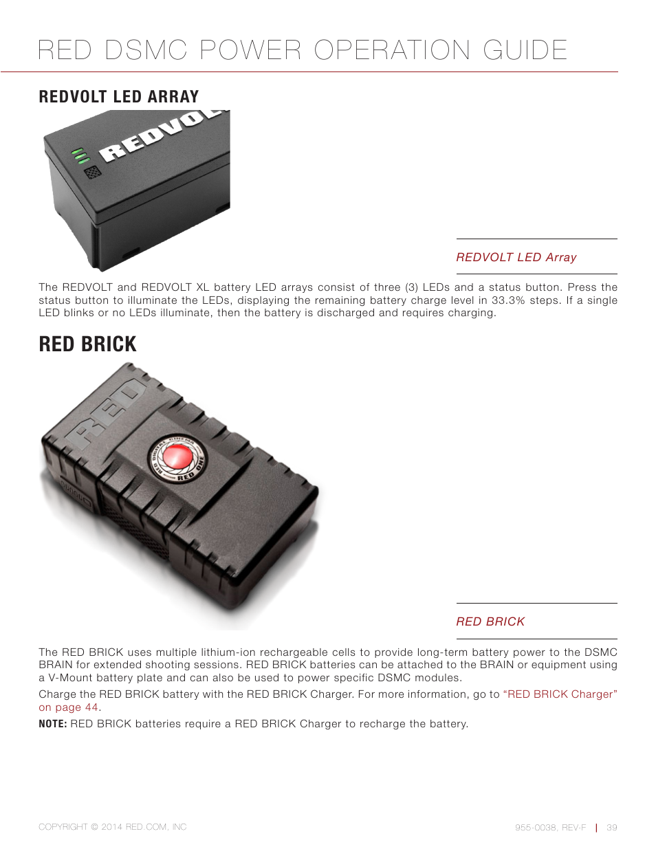 Redvolt led array, Red brick, Red dsmc power operation guide | RED DSMC POWER User Manual | Page 39 / 62