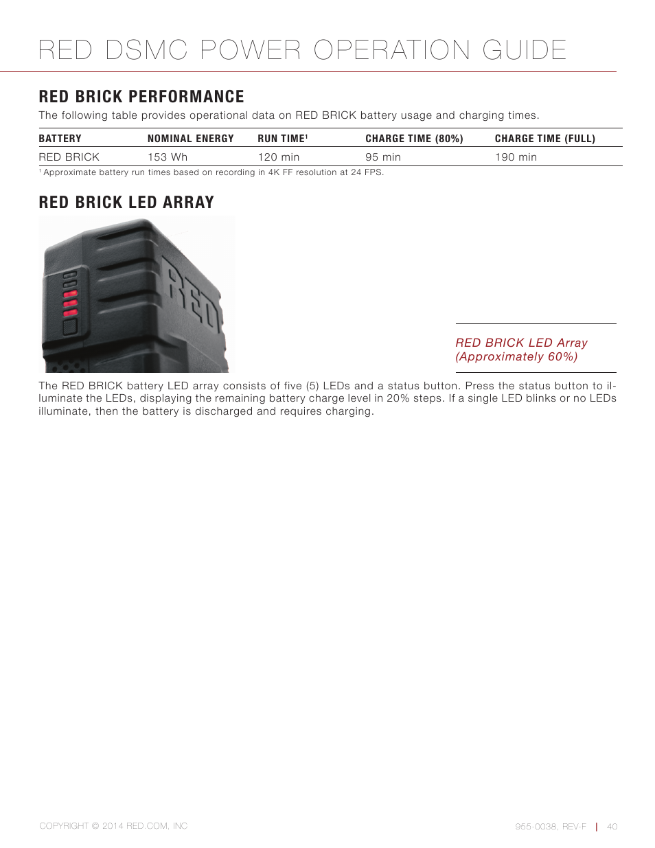 Red brick performance, Red brick led array, Red dsmc power operation guide | RED DSMC POWER User Manual | Page 40 / 62