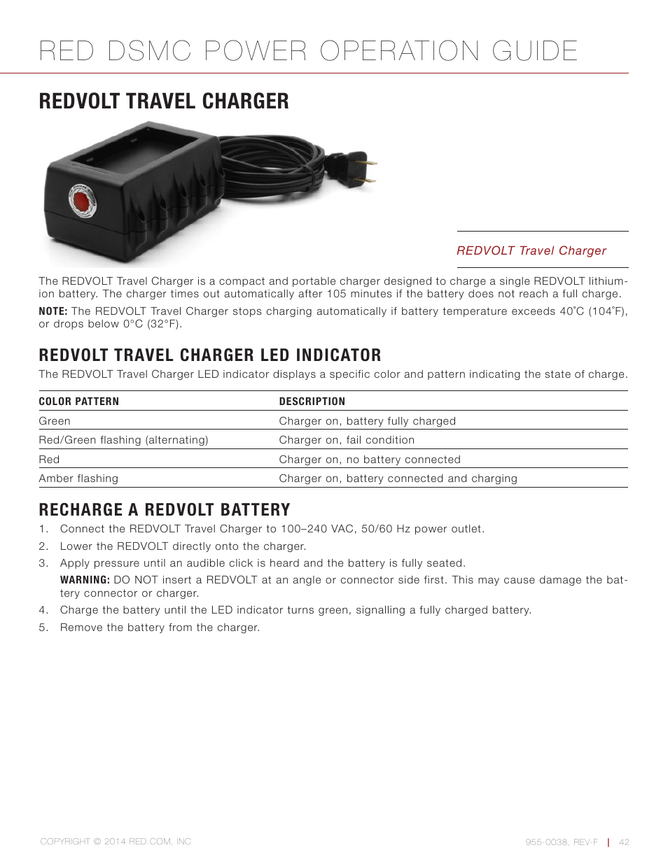 Redvolt travel charger, Redvolt travel charger led indicator, Recharge a redvolt battery | Red dsmc power operation guide | RED DSMC POWER User Manual | Page 42 / 62