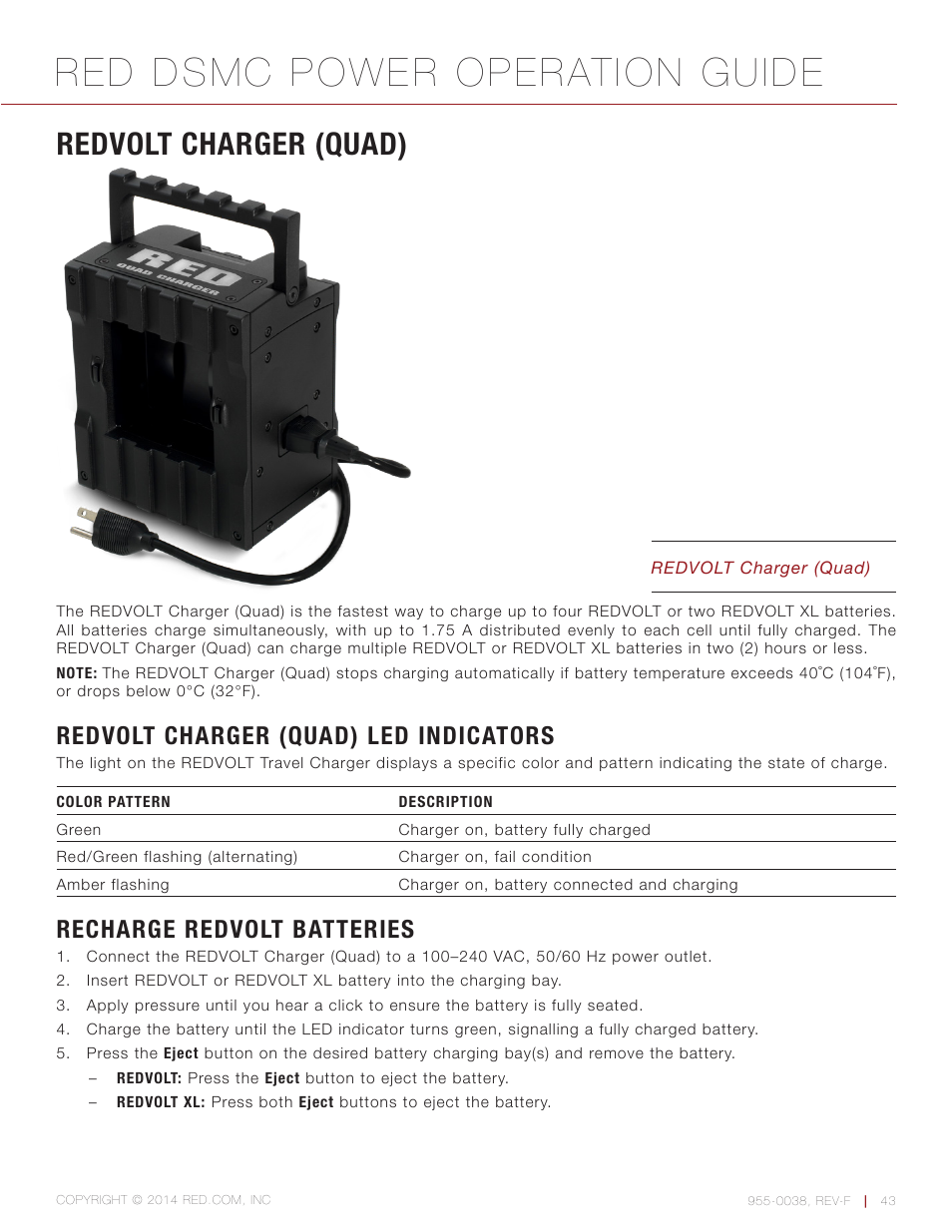 Redvolt charger (quad), Redvolt charger (quad) led indicators, Recharge redvolt batteries | Red dsmc power operation guide | RED DSMC POWER User Manual | Page 43 / 62