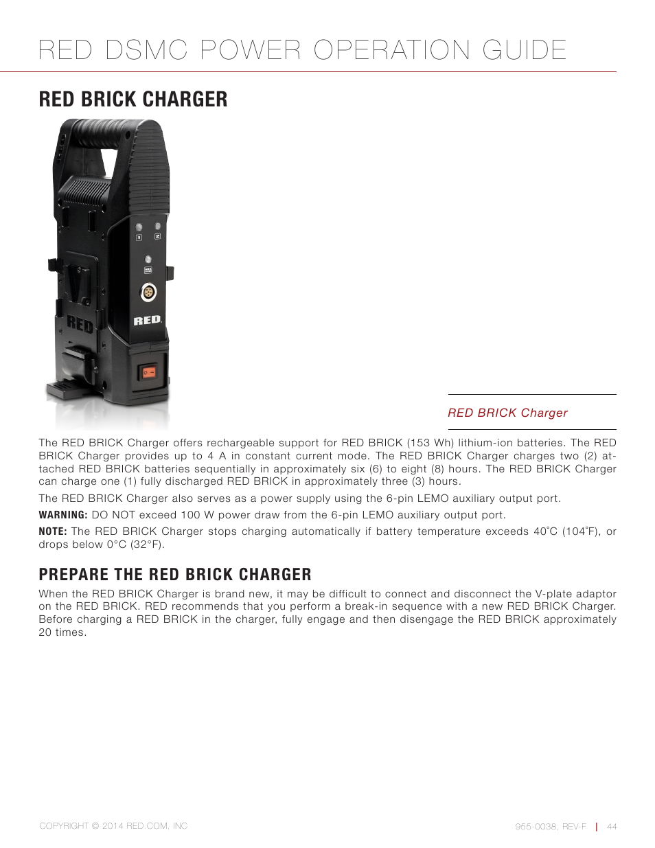 Red brick charger, Prepare the red brick charger, Red dsmc power operation guide | RED DSMC POWER User Manual | Page 44 / 62
