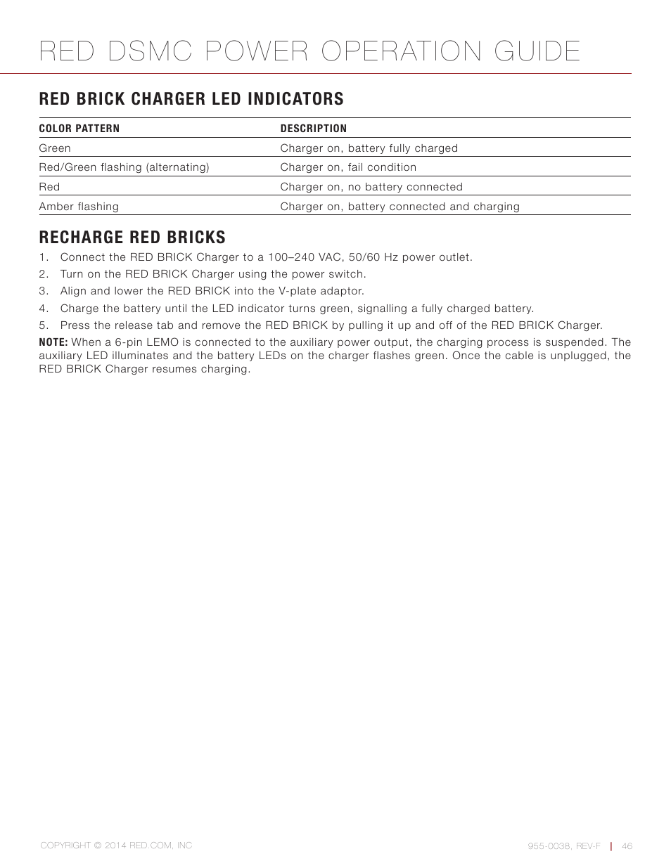 Red brick charger led indicators, Recharge red bricks, Red dsmc power operation guide | RED DSMC POWER User Manual | Page 46 / 62