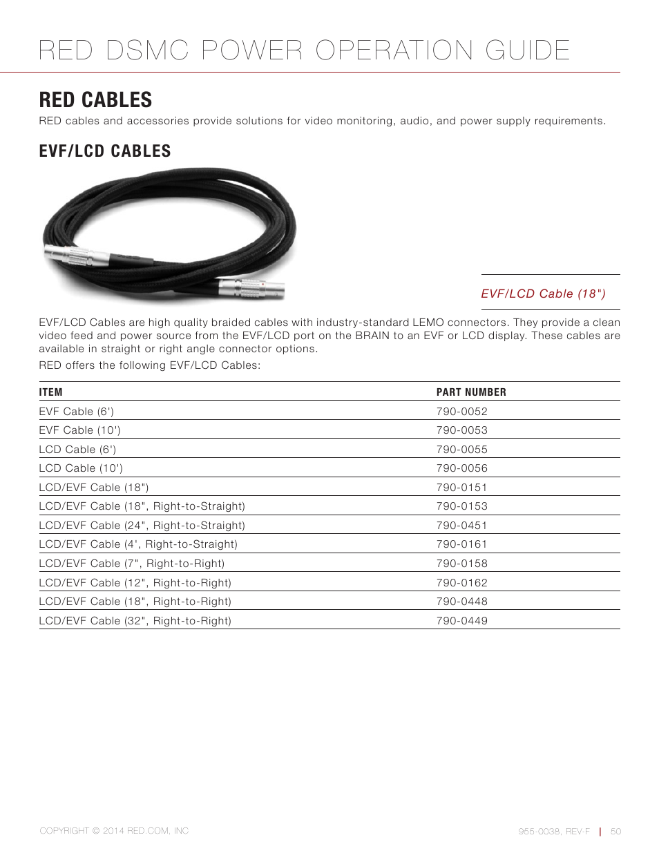 Red cables, Evf/lcd cables, Red dsmc power operation guide | RED DSMC POWER User Manual | Page 50 / 62