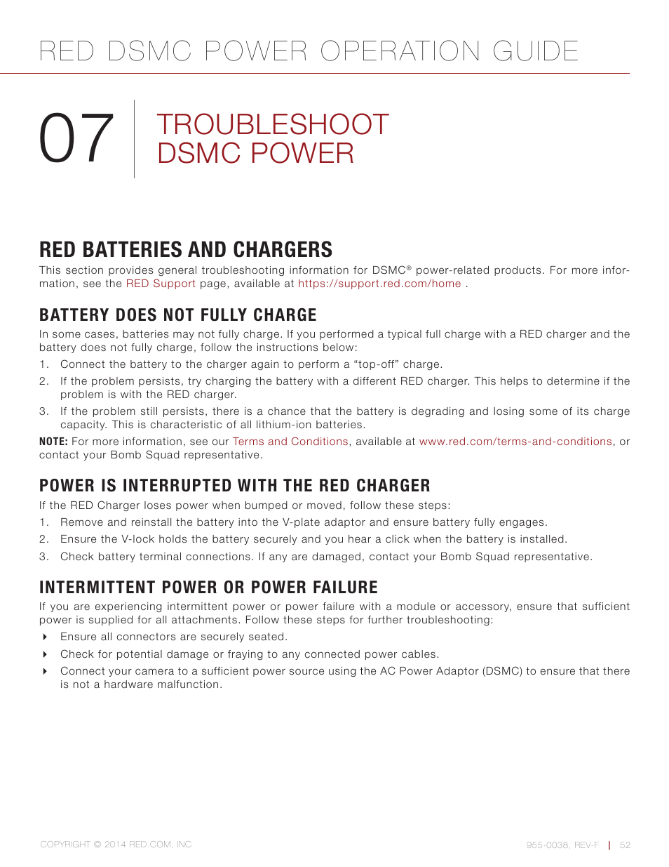 Troubleshoot dsmc power, Red batteries and chargers, Battery does not fully charge | Power is interrupted with the red charger, Intermittent power or power failure, Red dsmc power operation guide | RED DSMC POWER User Manual | Page 52 / 62