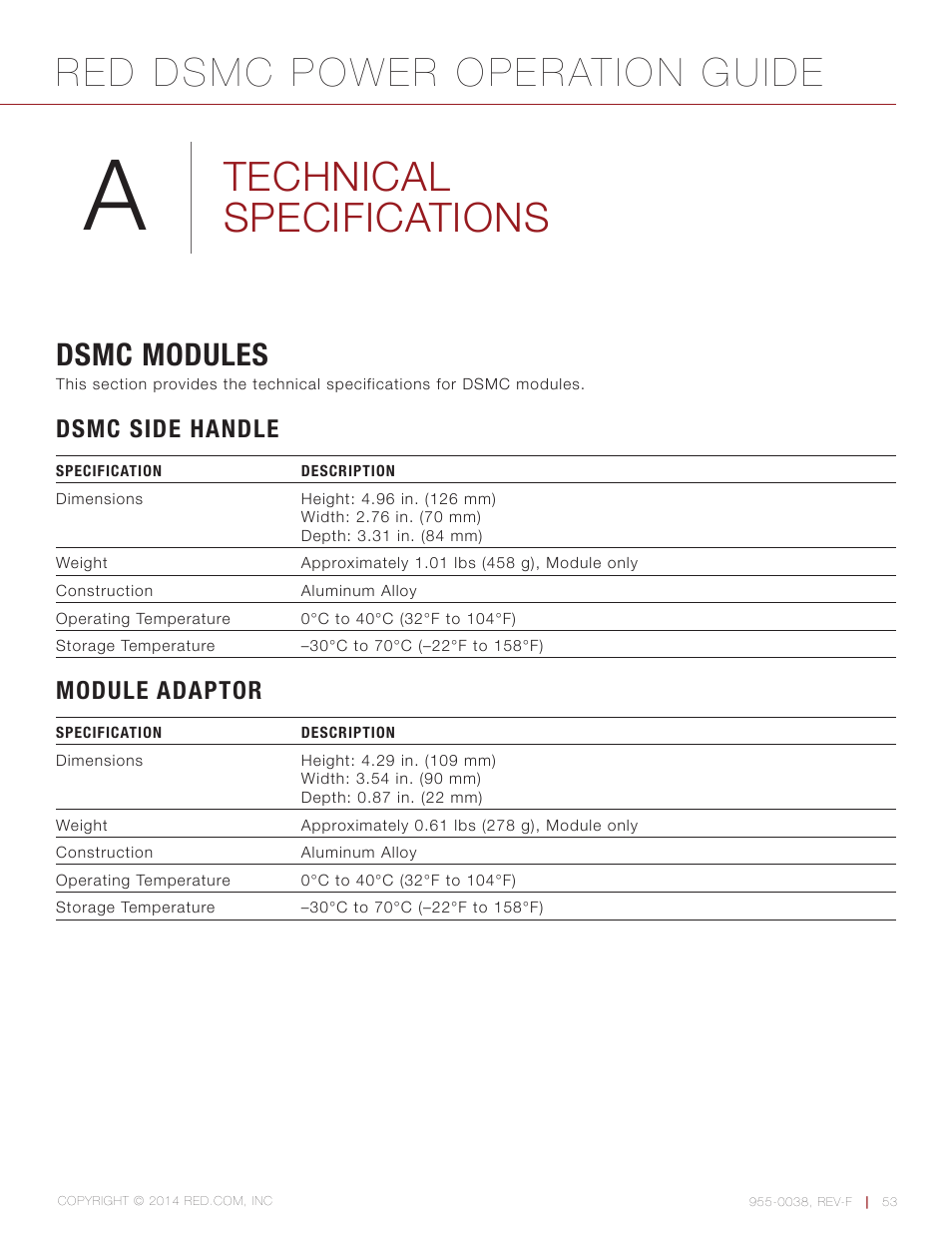 Technical specifications, Dsmc modules, Dsmc side handle | Module adaptor, Red dsmc power operation guide | RED DSMC POWER User Manual | Page 53 / 62