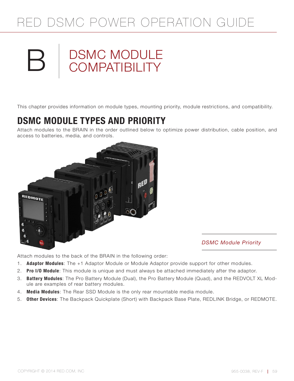 Dsmc module compatibility, Dsmc module types and priority, Red dsmc power operation guide | RED DSMC POWER User Manual | Page 59 / 62