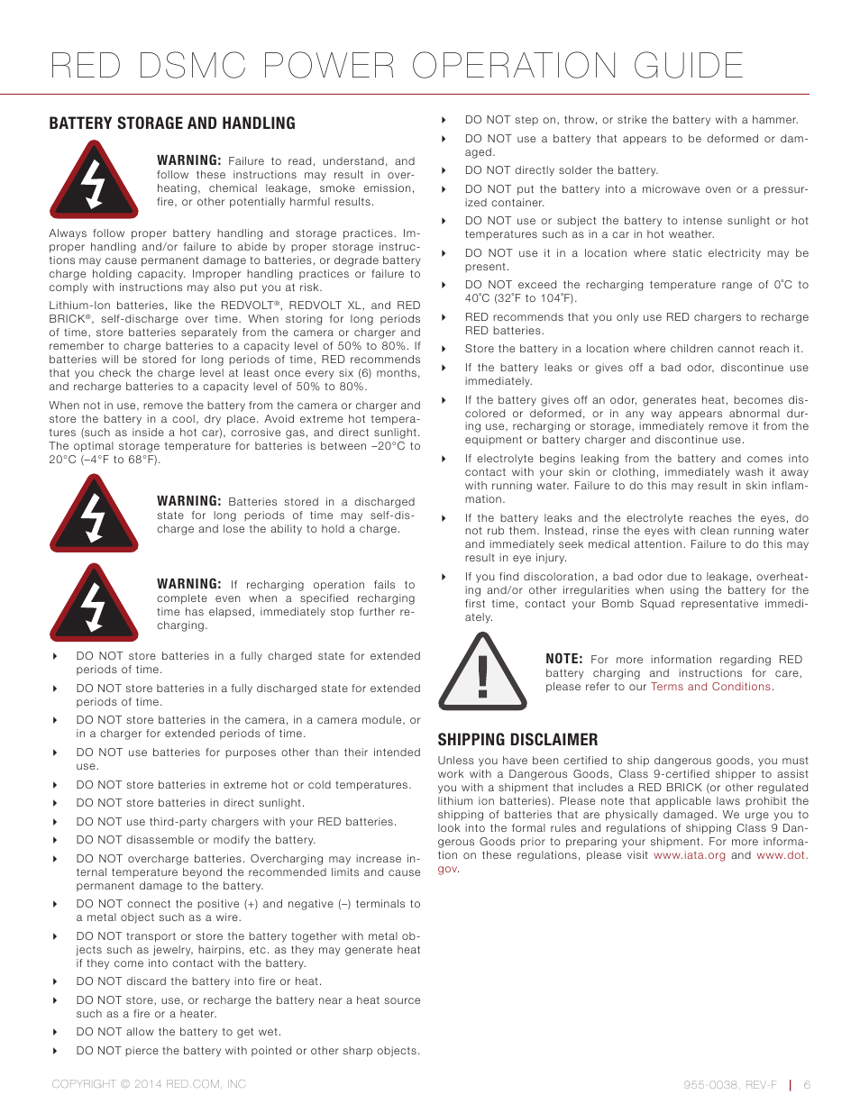 Battery storage and handling, Shipping disclaimer, Red dsmc power operation guide | RED DSMC POWER User Manual | Page 6 / 62