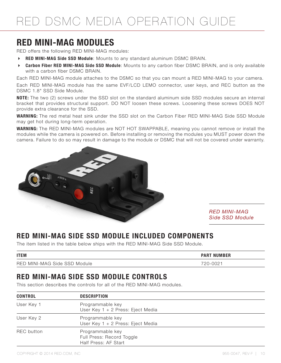 Red mini-mag modules, Red mini-mag side ssd module included components, Red mini-mag side ssd module controls | Red dsmc media operation guide | RED DSMC MEDIA User Manual | Page 10 / 80