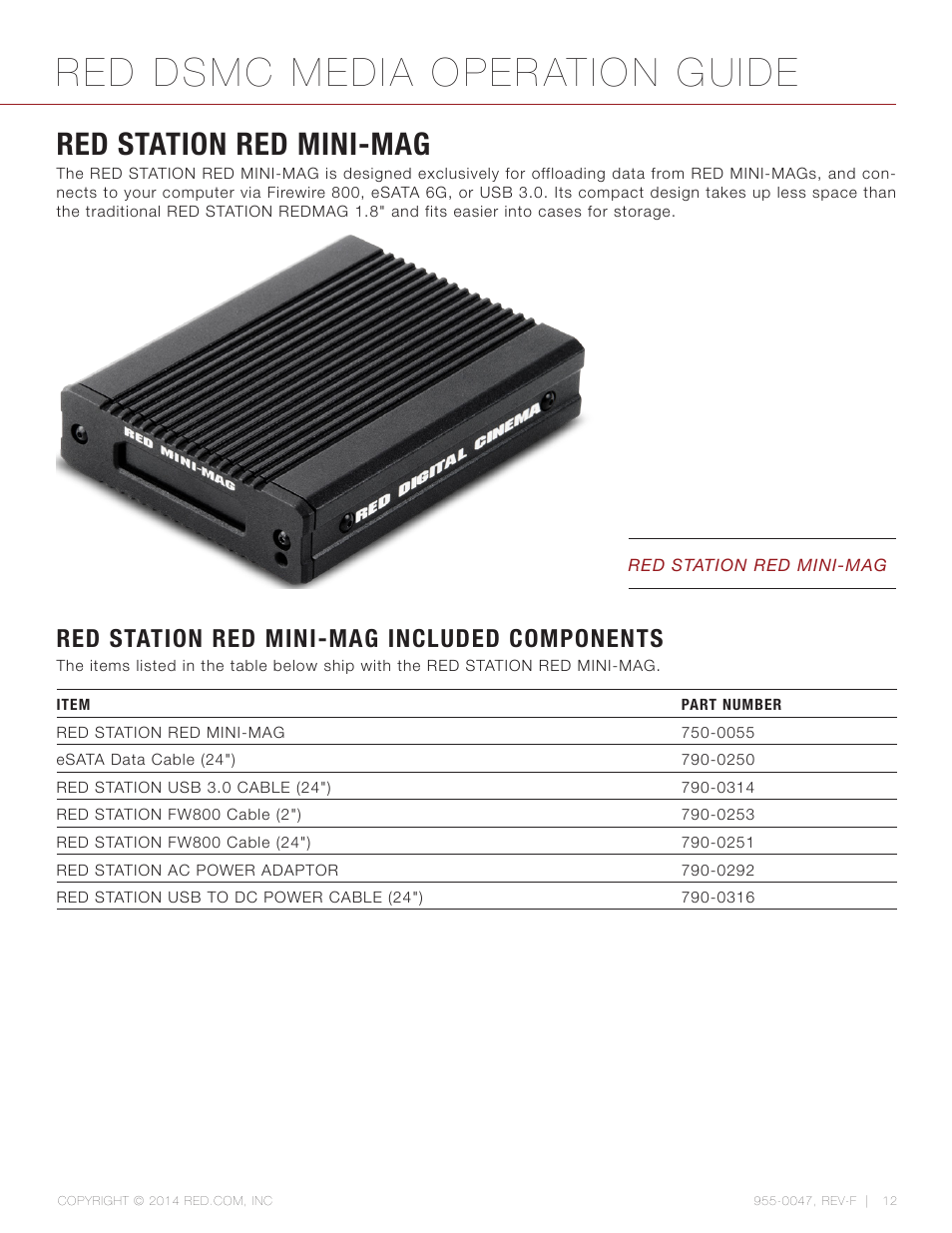 Red station red mini-mag, Red station red mini-mag included components, Red dsmc media operation guide | RED DSMC MEDIA User Manual | Page 12 / 80