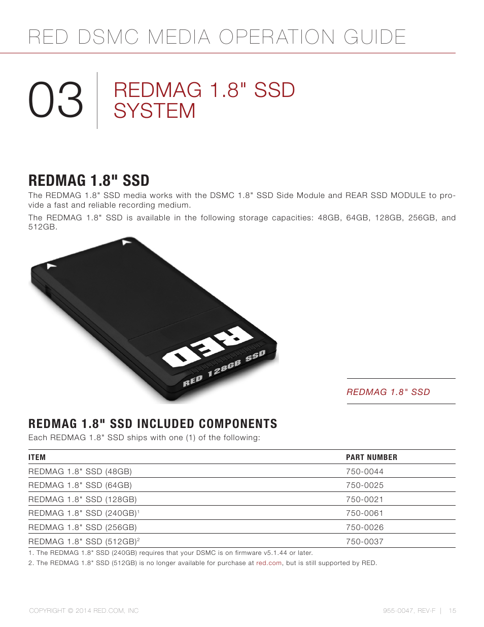 Redmag 1.8” ssd system, Redmag 1.8” ssd, Redmag 1.8” ssd included components | Redmag 1.8" ssd system, Red dsmc media operation guide, Redmag 1.8" ssd, Redmag 1.8" ssd included components | RED DSMC MEDIA User Manual | Page 15 / 80