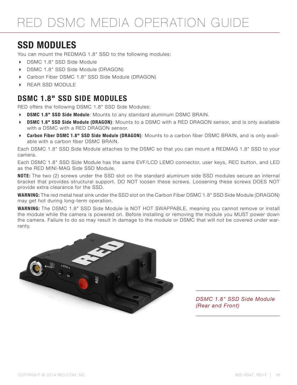 Ssd modules, Dsmc 1.8” ssd side modules, Red dsmc media operation guide | Dsmc 1.8" ssd side modules | RED DSMC MEDIA User Manual | Page 16 / 80