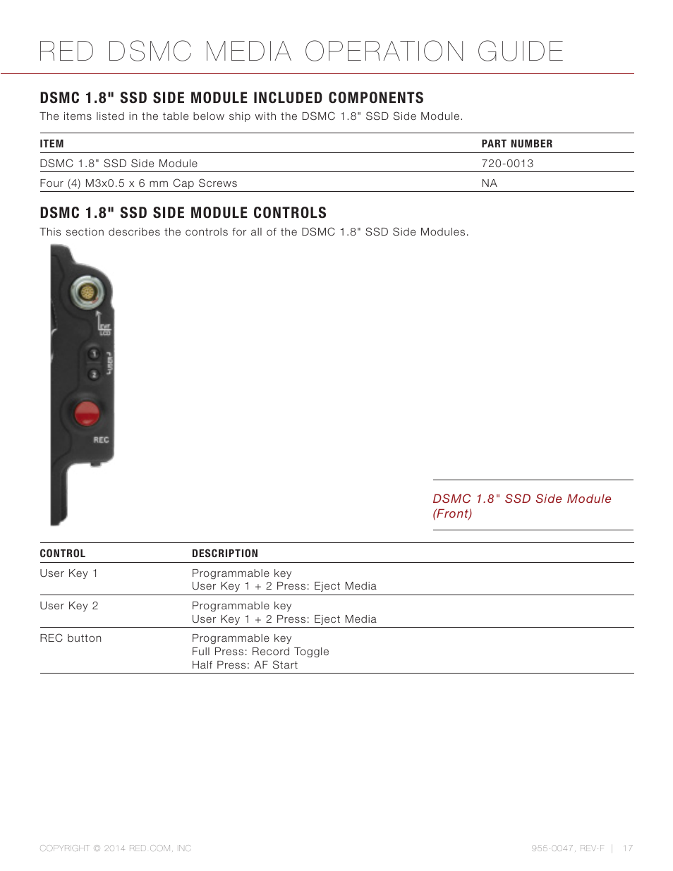 Dsmc 1.8” ssd side module included components, Dsmc 1.8” ssd side module controls, Red dsmc media operation guide | Dsmc 1.8" ssd side module included components, Dsmc 1.8" ssd side module controls | RED DSMC MEDIA User Manual | Page 17 / 80