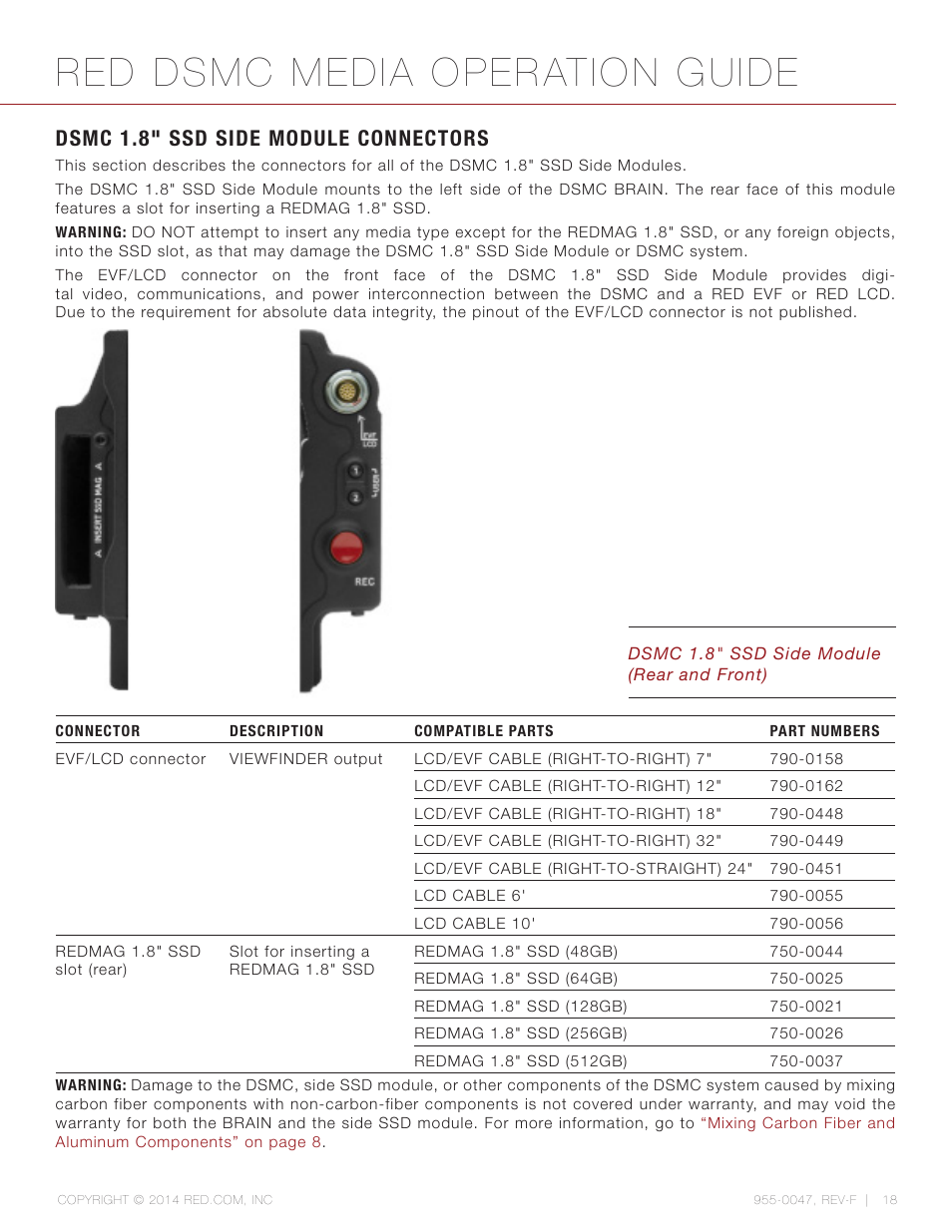 Dsmc 1.8” ssd side module connectors, Red dsmc media operation guide, Dsmc 1.8" ssd side module connectors | RED DSMC MEDIA User Manual | Page 18 / 80